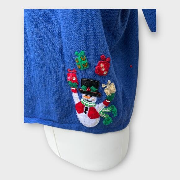 VTG Heirloom Collectibles Snowman Christmas Cardigan Sweater Blue Women's Large - Picture 8 of 12